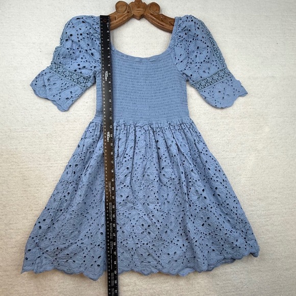 Betsey Johnson Blue Eyelet Smocked Mini Dress Sweetheart Puff Sleeve croquette - Picture 6 of 11